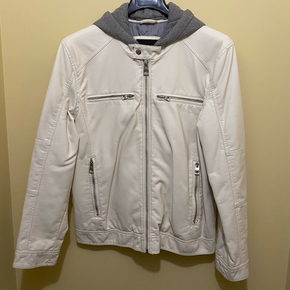 Men’s Guess Cream Leather Hooded Jacket